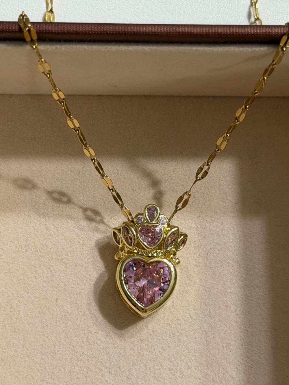 Golden Pink Zirconia Crown Heart Pendant Stainless Steel Stamped Necklace Chain